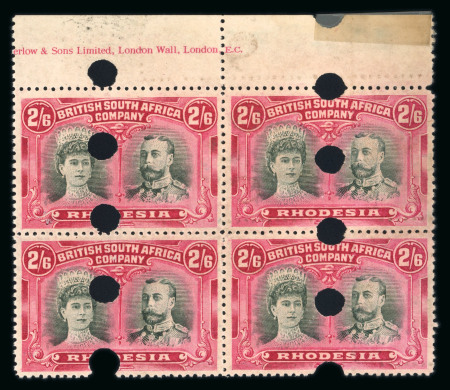 Stamp of Rhodesia 1910-13 Printer's File Stamps 2s6d black and crimson (printing 4) in upper marginal block of four with security punch holes