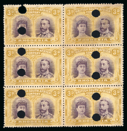 Stamp of Rhodesia 1910-13 Printer's File Stamps 3d purple and ochre in block of six with twelve security punch holes