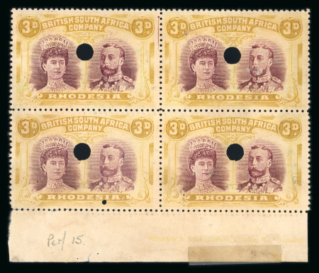 Stamp of Rhodesia 1910-13 Printer's File Stamps 3d purple and ochre perforation 15 (printing 10) in lower marginal block of four 