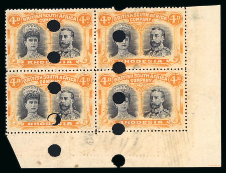 Stamp of Rhodesia 1910-13 Printer's File Stamps  4d black and orange (printing 2) in lower right corner marginal block of four with eleven security punch holes