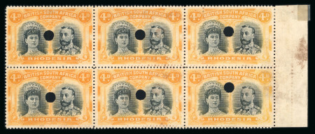 Stamp of Rhodesia 1910-13 Printer's File Stamps 4d black and orange perforation 15 (printing 10) in right hand marginal block of six with six security punch holes