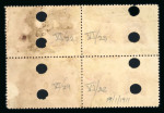 Stamp of Rhodesia 1910-13 Printer's File Stamps 5d purple-brown and olive-yellow (printing 6) in block of four with eight security punch holes
