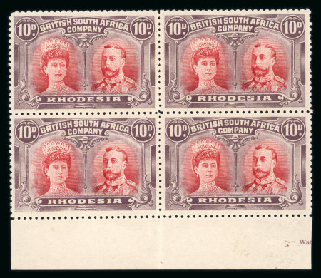 Stamp of Rhodesia 1910-13 10d carmine and deep purple perforation 14 "long gash" printing in lower marginal block of four 