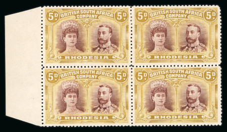 Stamp of Rhodesia 1910-13 5d reddish-brown and ochre perforation 14 in marginal mint block of four