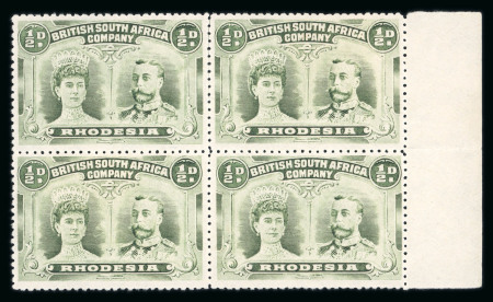 Stamp of Rhodesia 1910-13 1/2d bronze-green perforation 14 in marginal block of four mint
