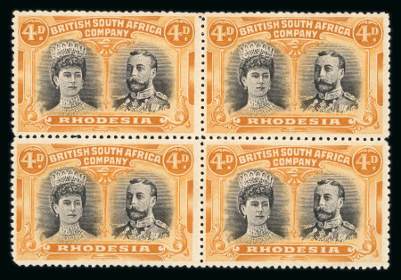 Stamp of Rhodesia 1910-13 4d brown-purple and orange "long gash headplate" in mint block of four