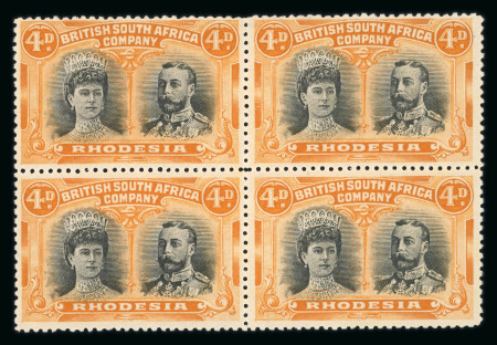 Stamp of Rhodesia 1910-13 4d grey-black and dull orange in mint block of four