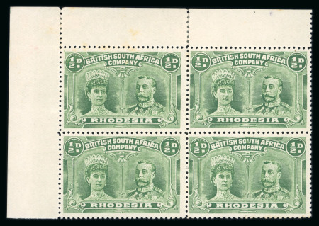 Stamp of Rhodesia 1910-13 1/2d deep dull green perforation 14 pl. III in upper left corner marginal block of four 