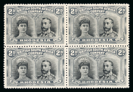 Stamp of Rhodesia 1910-13 2d black and slate-grey perforation 14 "long gash" printing in fine mint block of four