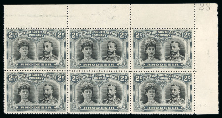 Stamp of Rhodesia 1910-13 2d black and slate perforation 14 "hook" printing in upper right corner marginal block of 6