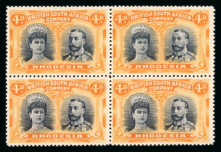 Stamp of Rhodesia 1910-13 4d black and orange perforation 14 in fine mint block of four