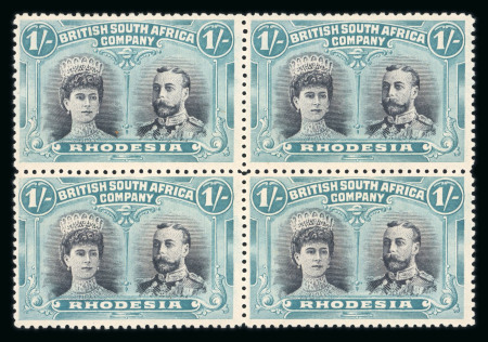 Stamp of Rhodesia 1910-13 1s grey-black and deep blue-green perforation 14 "long gash" printing in fine mint block of four