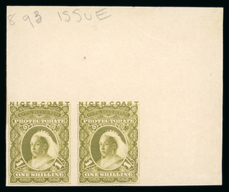 Stamp of Nigerias » Niger Coast Protectorate 1894 (Jan) 1s olive imperf. proof on thick wove paper in top right corner marginal pair