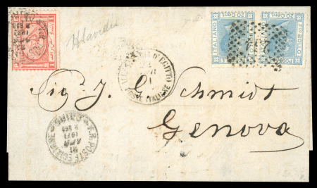 Stamp of Egypt » Italian Post Offices » Alexandria 1871 (Apr 21) Combination cover bearing Second Issue 1pi rose-lake tied by POSTE EGIZIANE CAIRO 21 APRIL 71 with two Italy 20c tied by Alexandria "234" numeral, backstamped Genoa, fine, cert. BPA (1977)