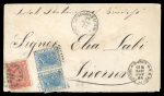 Stamp of Egypt » Italian Post Offices » Alexandria 1872 Combination cover bearing Third Issue 1pi red tied by POSTE EGIZIANE CAIRO 26 APRIL 72 cds with Italy pair of 20c (faults) tied by Alexandria "234" numerals, backstamped Livorno 4 MAG 72, missing portion of reverse