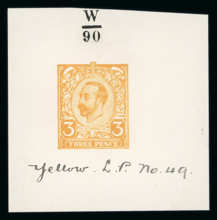 Stamp of Great Britain » King George V » 1911-12 Downey Head Issues 1911 3d Hentschel essay (second proof) imperforate colour trial printed in yellow