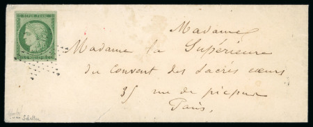 Stamp of France » Type Cérès de 1849-1850 1852, Cérès non dentelé 15 c vert Y&T n°2 seul sur lettre
