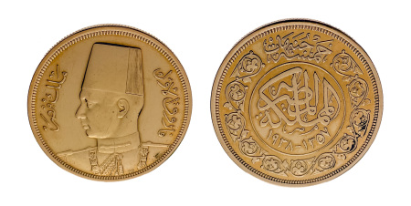 Egypt King Farouk I 500 pi. Royal Wedding AH 1357/1938, Au 42.5 g.
