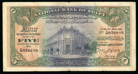 Egypt 5 pounds 1924-1945, 1940; Pick 19b, signed Cook.