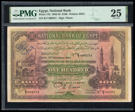 Egypt, 100 Pounds 15.12.1944; Pick 17d, signed Nixon.