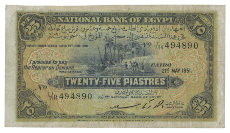 Egypt, 25 Piastres 1917-1951; Pick 25e, Hanafy M1 (25 P.T.f-g).