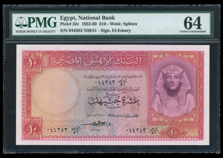 Egypt,  10 pounds 1952-1960; Pick 32c, Hanafy M5.