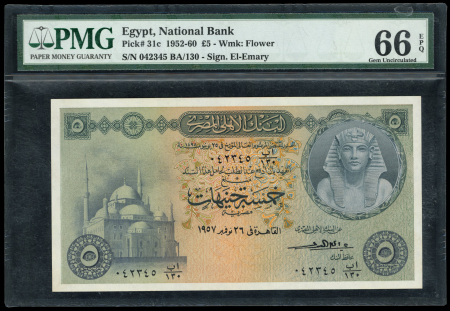 Egypt 5 pounds 1952-1960; Pick31c, Hanafy M5 (5 L.E.)