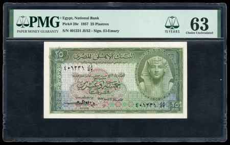 Egypt 25 piastres 1957; Pick 28c, Hanafy M2 (25 P.T.b-c), three banknotes.