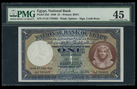 Egypt 1 pound 1930 (1948); Pick 22d, Hanafy M5 (1 L.E.f),