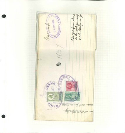 Stamp of Ireland » Revenues & Fiscals » Embossed Stamp Duty 1894-1925 Old-time attractive collection of 34 documents & 47 fragments and or stamps, neatly mounted on pages and housed in a Bordeaux Plymouth album, showing mostly documents with Saorstát Éireann or Rialtat Seadalac N