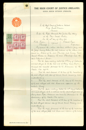 Stamp of Ireland » Revenues & Fiscals » Embossed Stamp Duty 1894–1925 – Revenue Document Collection. A highly attractive and unusual assembly of 29 revenue documents and 30 fragments or stamps, neatly mounted on pages and presented in a blue album. Predominantly featuring Queen V