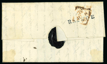 Stamp of Ireland » Postal History (Arranged alphabetically by County) Donegal - Raphoe: 1814-48 Selection of seven covers mounted on album pages, showing RAPHOE/108 in black, two linear RAPHOE mkgs in blue, one ex. Fred Dixon, two covers both showing PAID AT/RAPHOE in red, also italic blue