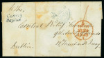Stamp of Ireland » Postal History (Arranged alphabetically by County) Donegal - Raphoe: 1814-48 Selection of seven covers mounted on album pages, showing RAPHOE/108 in black, two linear RAPHOE mkgs in blue, one ex. Fred Dixon, two covers both showing PAID AT/RAPHOE in red, also italic blue