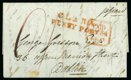 Stamp of Ireland » Postal History (Arranged alphabetically by County) Offaly - Clara: 1832-49 Selection of ten covers mounted on album pages, showing CLARA linear in black (4), CLARA/PENNY POST in black, red (2) and blue (3) etc., all strikes are fair to fine (10)