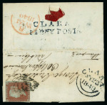 Stamp of Ireland » Postal History (Arranged alphabetically by County) Offaly - Clara: 1832-49 Selection of ten covers mounted on album pages, showing CLARA linear in black (4), CLARA/PENNY POST in black, red (2) and blue (3) etc., all strikes are fair to fine (10)