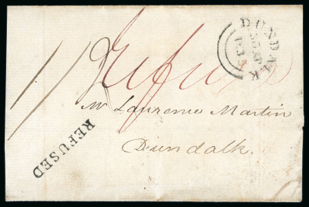 Stamp of Ireland » Pre-Stamp Postal History » Unified Post Period - 1827-1839 1835 (22.4) Folded letter sheet with cvr flaps missing, sent from Waterford, via Dublin to Laurence Martin of Dundalk, bearing DUNDALK/30.AP.1835 cds on front with superb strike of the very rare large type Dundalk "REFUS
