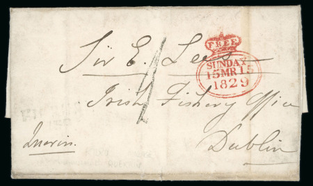Stamp of Ireland » Pre-Stamp Postal History » Unified Post Period - 1827-1839 1829 (12.3) Folded entire sent from Kilrush, Co.Clare, showing faint KILRUSH/139 black mileage mkg with fine strike of the rare Dublin crowned oval FREE/SUNDAY/15MR15/1829, rated with handstruck "1", very fine usage of t