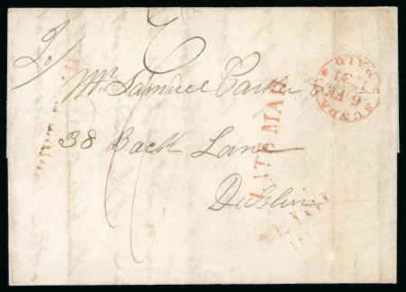 Stamp of Ireland » Pre-Stamp Postal History » Independant Post Office Period - 1784-1831 1831 (6.2) Folded letter sheet sent from Sligo to Dublin, showing linear LATE MAIL, faint SLIGO/103 and scarce SUNDAY/PAID/6.FE.1831 cds, all in red, fine.