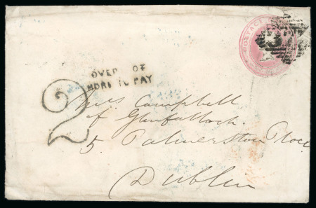 Stamp of Ireland » GB Used In Ireland 1854-68 Two envelopes, both bearing clear handstruck "2" and two types of the unusual 2-line OVER ___ OZ/MORE to PAY, one on 1d pink envelope from Parsonstown to Dublin, the other franked 1d red, plate 78 tied Derry dupl