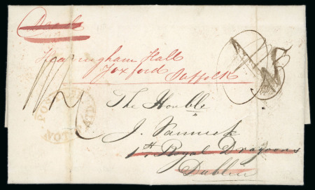 Stamp of Ireland » Pre-Stamp Postal History » Unified Post Period - 1827-1839 1837 (15.9) Folded entire from London to Dublin, bearing clear oval red POSTAGE/NOT PAID (DF No.214), redirected from Dublin to Foxrock, very fine and scarce