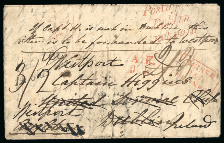 Stamp of Ireland » Pre-Stamp Postal History » Unified Post Period - 1827-1839 1838 Folded entire from Geneva, Switzerland, to Dublin and redirected to Westport, Co. Mayo, bearing clear 3-line italic Postage to/Dublin/not paid in red, plus 1839 folded letter sheet with similar strike in black, a fi