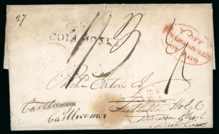 Stamp of Ireland » Pre-Stamp Postal History » Independant Post Office Period - 1784-1831 1826 (8.3) Folded entire sent from Collooney, Co. Sligo to Dublin, and redirected to Castlecomer, Co. Kilkenny, rerated from 9d to 1/3d and showing clear strike of the scarce red oval T * OFF / POSTAGE to DUBLIN / NOT PA