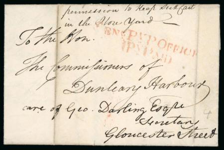 Stamp of Ireland » Pre-Stamp Postal History » Local Post Period - 1773-1840 1819 (27.4) Entire sent locally within Dublin to Dunleary Harbour and showing 2-line red “GEN.L-Py P OFFICE 1P Y- PAID” (General Penny Post 1 Penny Paid of the Dublin Penny Post) in red, fine and scarce (DF No. 148)