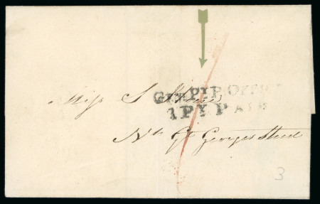 Stamp of Ireland » Pre-Stamp Postal History » Local Post Period - 1773-1840 c1819 Folded letter sheet sent locally within Dublin and showing 2-line “GEN.L-Py P OFFICE 1P Y- PAID” (General Penny Post 1 Penny Paid of the Dublin Penny Post) in black, Type E over 1, fine and scarce (DF No. 148)