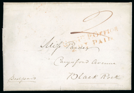 Stamp of Ireland » Pre-Stamp Postal History » Local Post Period - 1773-1840 1830 (25.9) Folded entire sent to Blackrock and showing 2-line red “GEN.L-Py P OFFICE “2P Y- PAID” (General Penny Post 2 Penny Paid of the Dublin Penny Post), fine and scarce (DF No. 149)