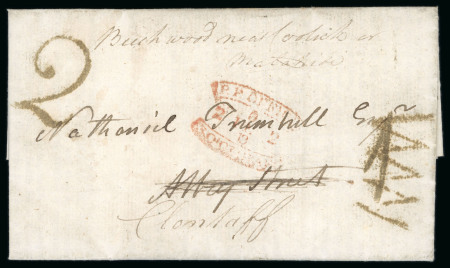 Stamp of Ireland » Pre-Stamp Postal History » Local Post Period - 1773-1840 1818 Printed circular of the Royal Canal Company sent from Clare Street to Abbey Street, showing handstruck "1"  of the penny post in black, cancelled on re-direction to Clontarf with Zigzag erasure handstamp, recharged 