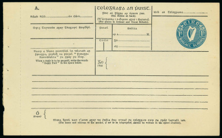 Stamp of Ireland » Postal Stationery 1924 Telegram Form: Unused 1s blue, embossed Irish Harp, text printed in black in both Irish and English on cream paper, code A, 188 x 127 mm including additional left margin with staple holes, also inter leafing page, s