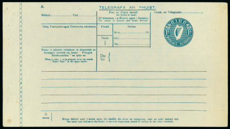 Stamp of Ireland » Postal Stationery 1947 Telegram Form: Unused 1s blue, embossed Irish Harp, text printed in blue in both Irish and English on cream paper, code A, 200 x 121 mm including additional left margin with staple holes, some light wrinkles, fine a