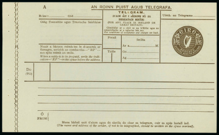 Stamp of Ireland » Postal Stationery 1929 Telegram Form: Unused 1s6d brown, embossed Irish Harp, text printed in brown in both Irish and English on cream paper, code A, 186 x 121 mm including additional left margin with staple holes, some light wrinkles, fi