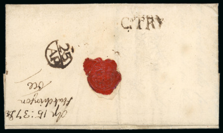 Stamp of Ireland » Pre-Stamp Postal History » Early Period - 1657-1784 1737 (15.4) Folded entirely from Ballymena, County Antrim, via Dublin to London, showing on reverse unusual and clear albino abbreviated B-MENA linear hs, with clear C'TRY alongside and London arrival bishop mkg '25/AU',